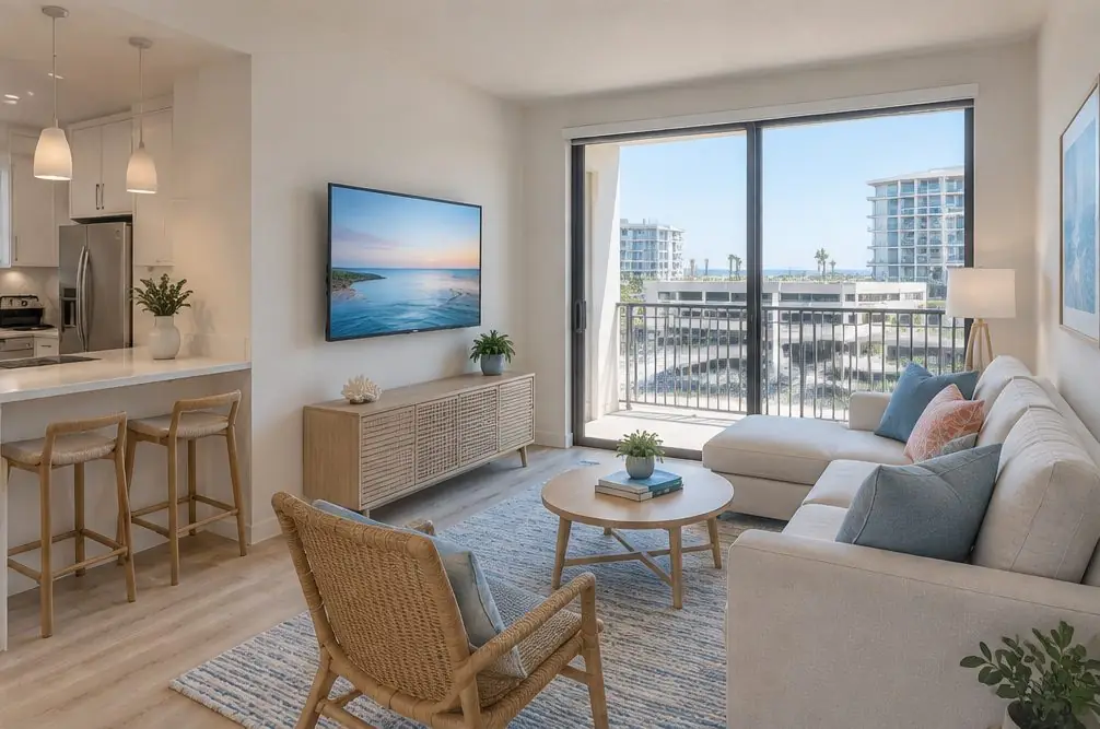 Illustration: a wall-mounted TV in a typical Beach & Edinger corridor home