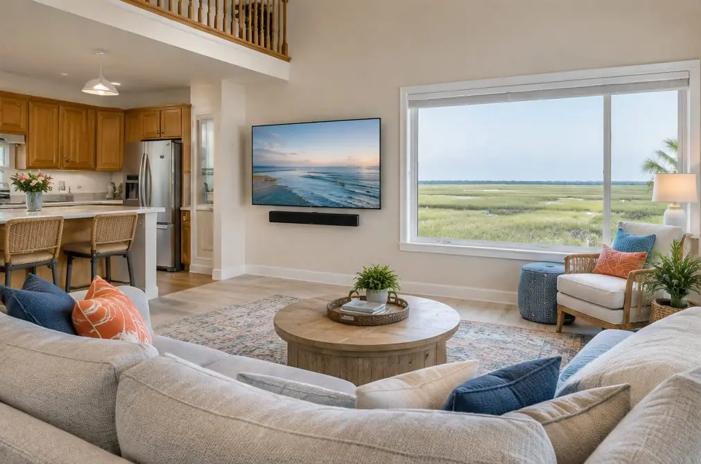 Illustration: a wall-mounted TV in a typical Bolsa Chica home