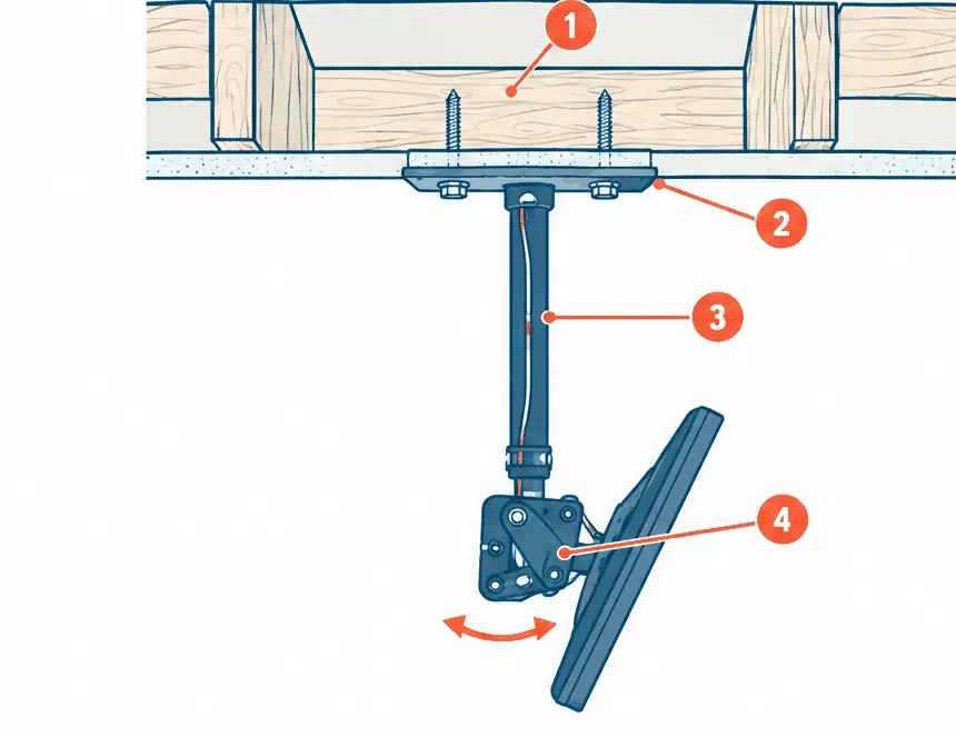 Diagram: section of a ceiling with wood joists, a ceiling plate lag-bolted into the centre of a joist or into blocking between joists, a drop pole and a tilt-and-swivel head holding the TV