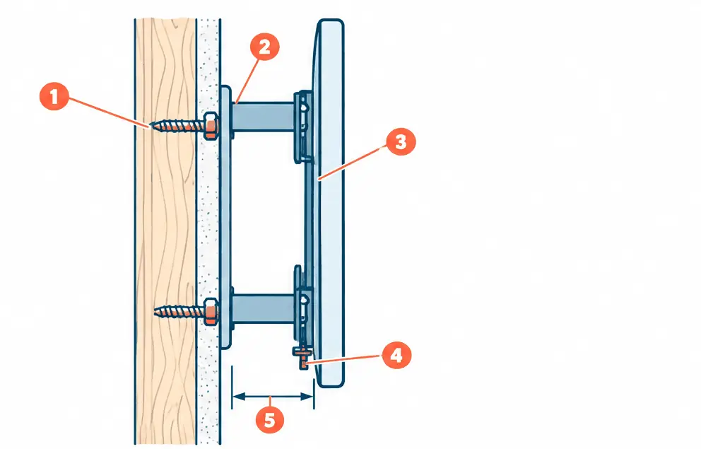 Diagram: side section of a fixed low-profile TV mount, a wall plate lag-bolted into a wood stud, two TV brackets hooked over the plate rails, a small gap between the TV and the wall, and locking screws at the bottom of the brackets