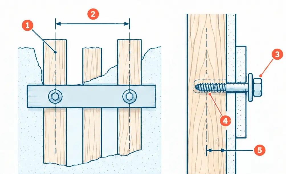 Diagram: front cutaway of a drywall wall with three wood studs, a TV wall plate bolted into two of them on the stud centre lines, and an enlarged section of a lag bolt with a washer passing through the plate and drywall into the stud