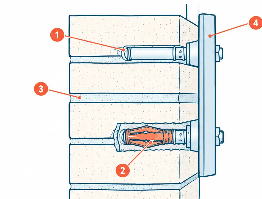 Diagram: side section of a brick fireplace wall with a TV wall plate held by sleeve anchors set in the body of the bricks, one anchor cut away to show the sleeve expanding