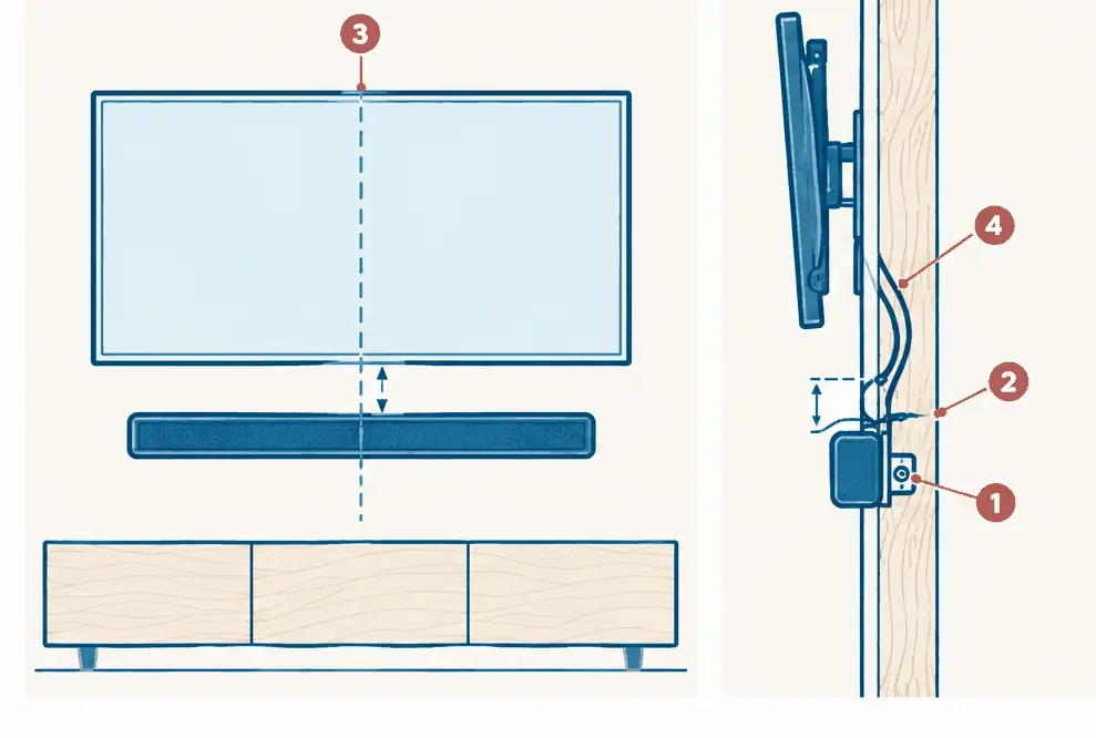 Diagram: front and side views of a wall-mounted TV with a soundbar on its own bracket below it, a gap between them, and short cables tucked behind the bar