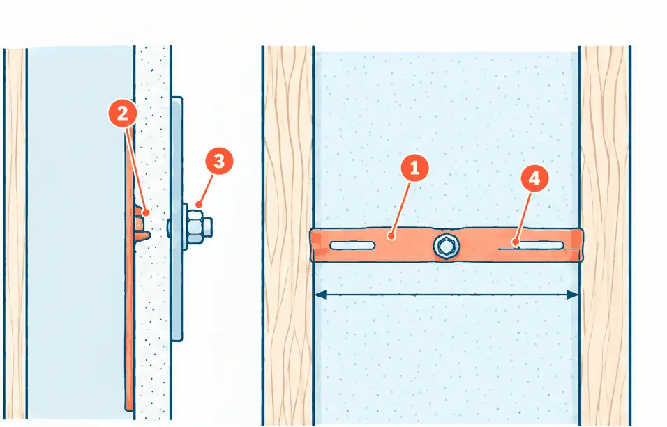 Diagram: side section and back cutaway of a strap toggle anchor, a steel channel lying flat across the back of the drywall, and a bolt through the TV wall plate threaded into it