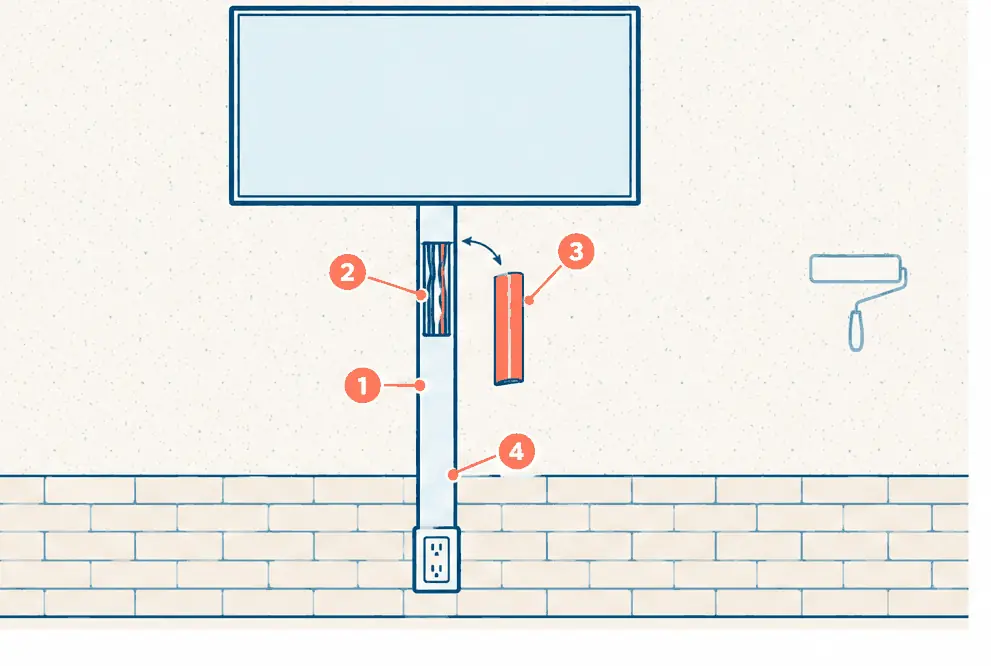 Diagram: front view of a plaster or brick wall with a TV, a slim paintable raceway running straight down from behind the TV to an outlet, and a cutaway of the raceway showing the cables inside
