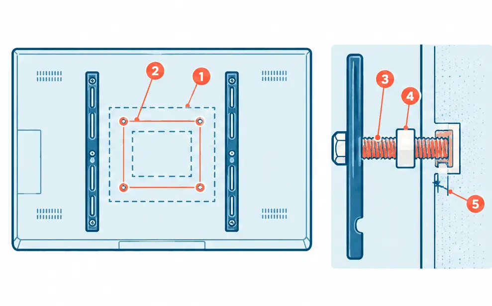Diagram: back of a large TV with four threaded holes forming a rectangle, two nested dashed rectangles for smaller and larger patterns, and an enlarged section of a bolt with a spacer threading into the TV