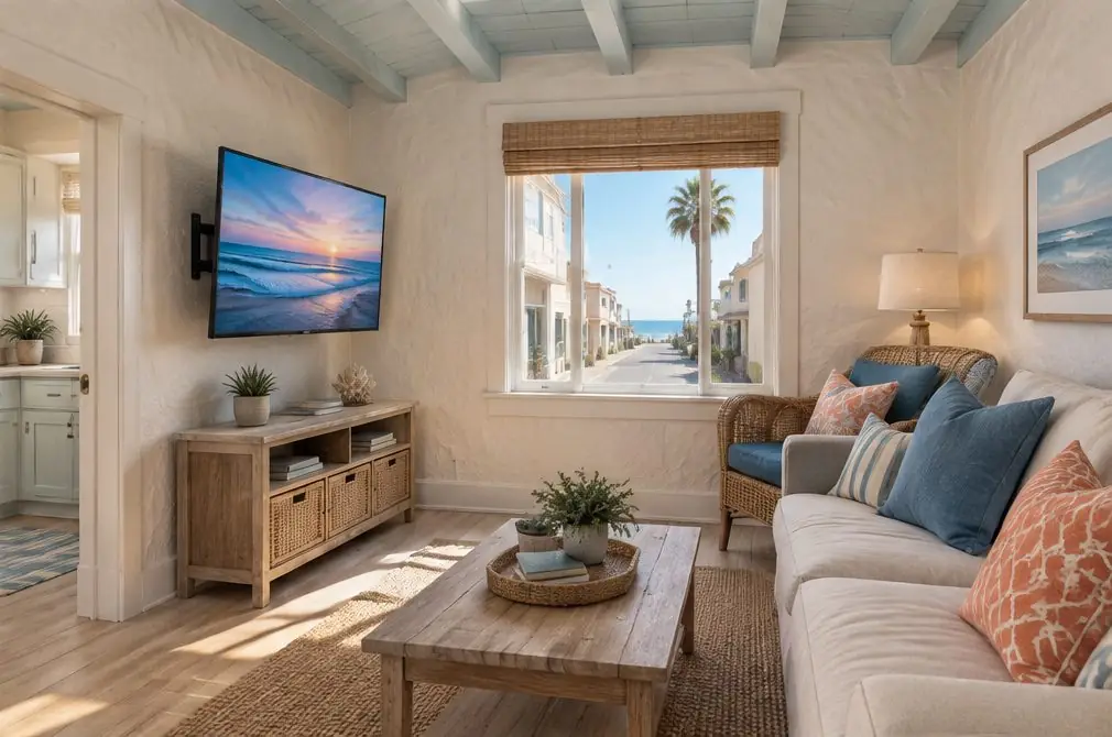 Illustration: a wall-mounted TV in a typical Downtown Huntington Beach home