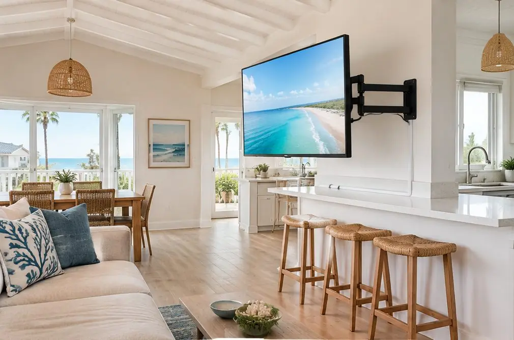Illustration: a TV on an extended articulating arm turned toward a kitchen bar in an open beach-house great room
