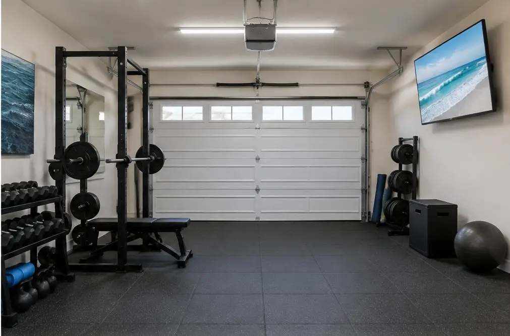 Illustration: a TV mounted high on a garage wall above rubber gym flooring with a squat rack and dumbbells, the roll-up door closed