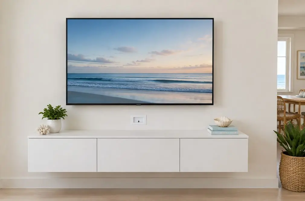 Illustration: a mounted TV with no visible cords above a white console, a small recessed wall plate visible near the floor