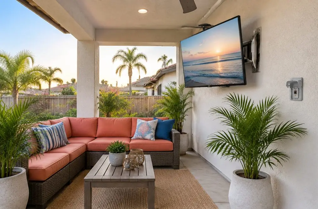 Illustration: an outdoor-rated TV on a stucco wall under a covered backyard patio with outdoor sofas and potted palms near the coast