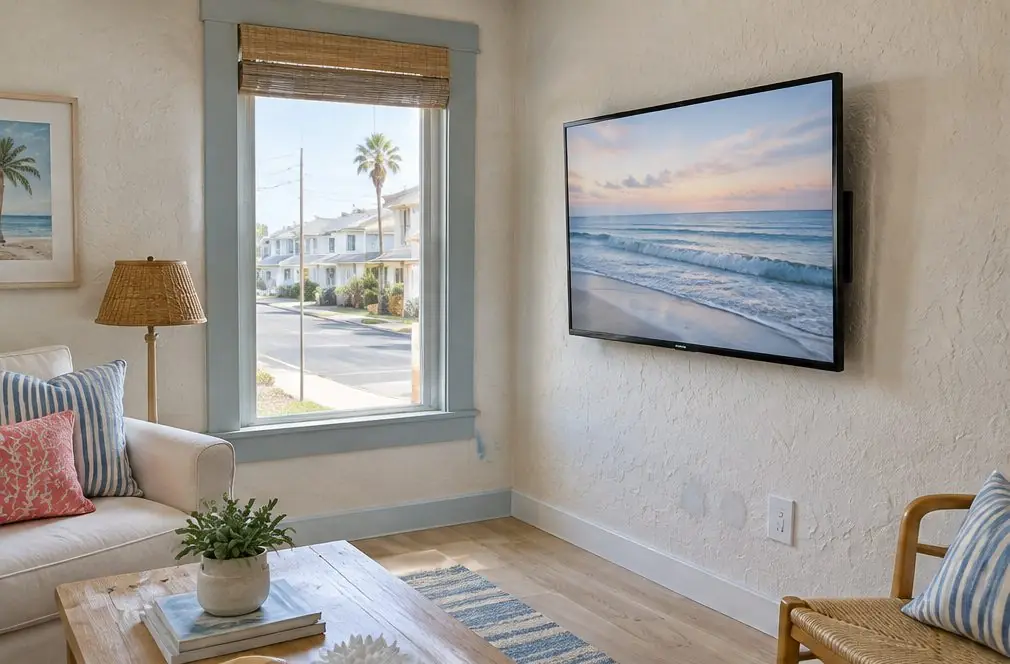 Illustration: a TV mounted on a textured plaster wall in a small older beach cottage living room with painted wood trim and a window to a narrow street