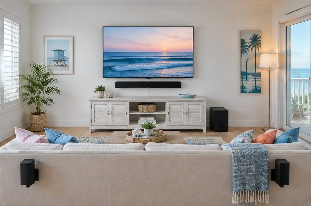 Illustration: a soundbar mounted under a wall-mounted TV with a subwoofer beside a console in a casual beach-house living room