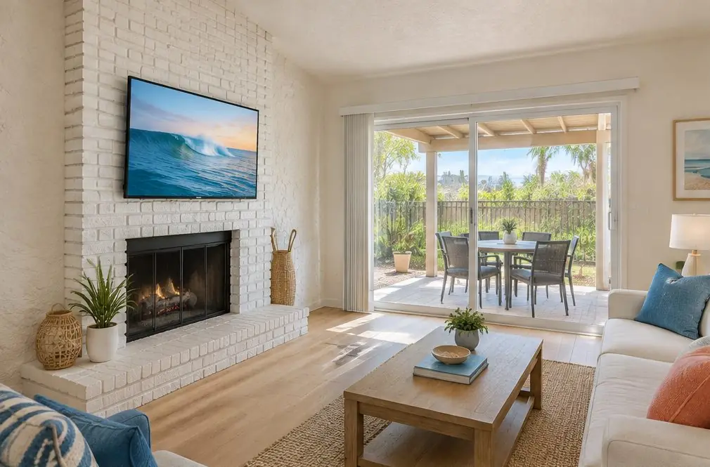 Illustration: a wall-mounted TV in a typical Southeast Huntington Beach home