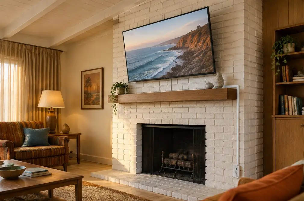 Illustration: a TV on a white-painted brick fireplace wall in a 1970s Huntington Beach family room with a wood mantel