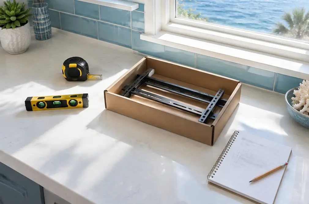 Illustration: a tape measure, a level, a boxed TV bracket and a notepad with blurred figures on a kitchen counter near a beach-house window